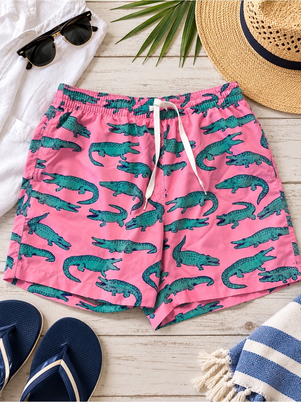 chubbies Pink Swim Trunks with Teal Alligator Print